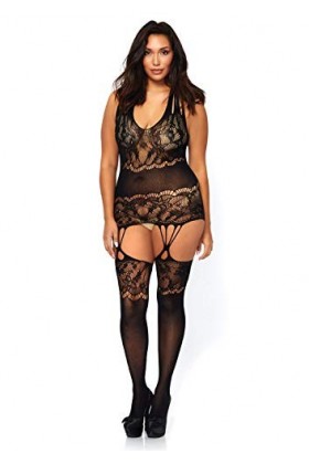 Leg Avenue 89224Q Bodystocking Porte-Jarretelles Opaque sans Couture en Dentelle Florale à Bretelles Multiples Noir Taille Pl