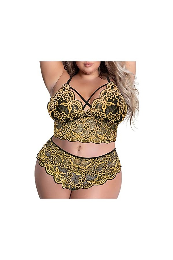Lingerie Erothique Sexy, Femme Taille Nuit Plus Broderie en sur Deux Points Combinaison Trois Pièces Fendue Pyjama Body Sexy 