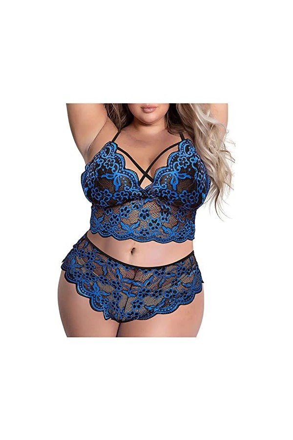 Femme Lingerie Nuisette, Sexy Taille Nuit Plus Broderie en sur Deux Points Combinaison Trois Pièces Fendue Pyjama Lingerie so