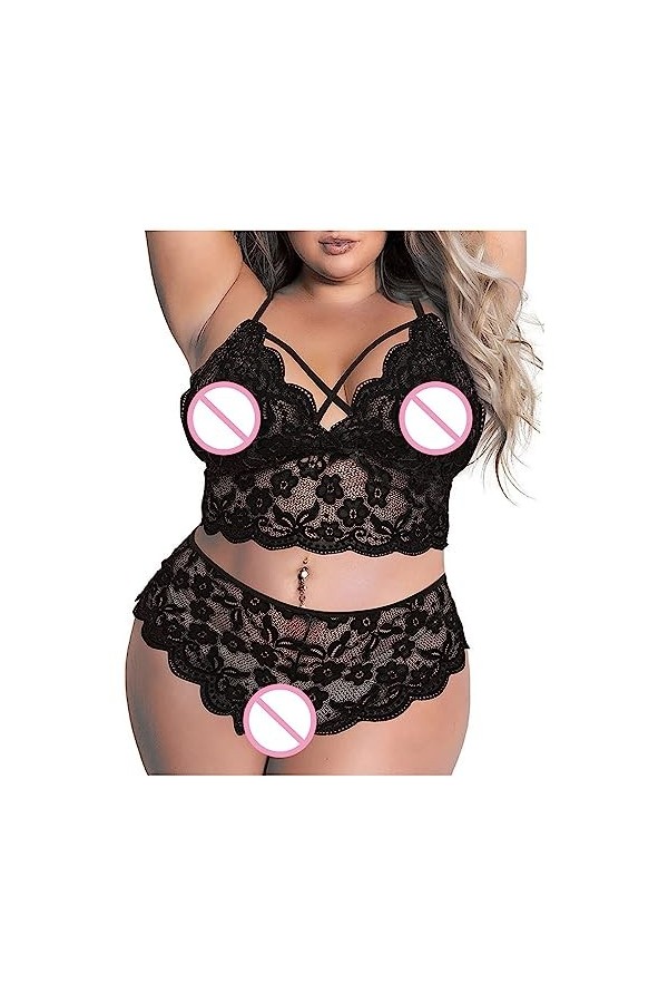 Lingerie Erothique Sexy, Femme Taille Nuit Plus Broderie en sur Deux Points Combinaison Trois Pièces Fendue Pyjama Tenue Sexy