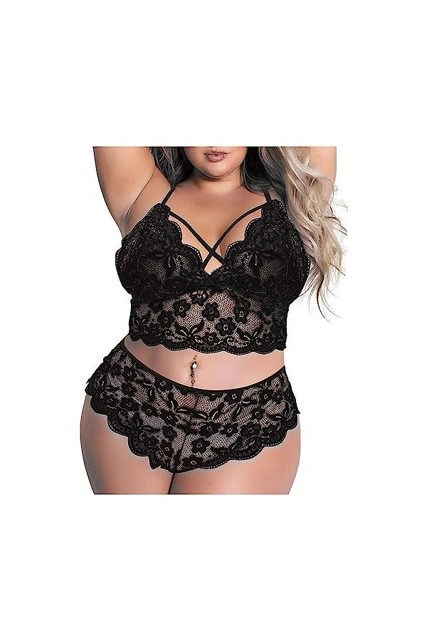 Femme Lingerie Nuisette, Sexy Taille Nuit Plus Broderie en sur Deux Points Combinaison Trois Pièces Fendue Pyjama Body Érotiq