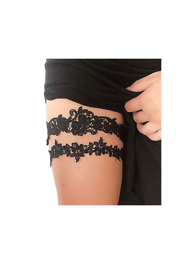 Haptian Femmes Mariage Jarretière Jambe De Mariée Couleur Unie Noir/Blanc Fleur De Dentelle Évider Brodé Stretchy Cuisse Anne