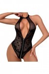 BIISDOST Femmes Conjoined Zipper Lingerie Deep V Teddy Sexy Lace Floral Lace Zipper Front Teddy Body Lingerie Rouge Cuir Bla