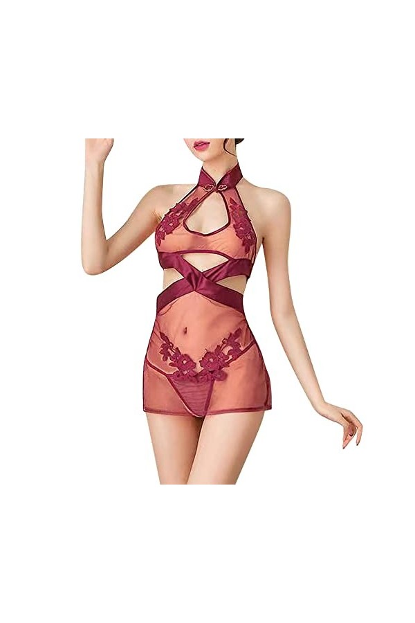 MNRIUOCII Sexy Lace Sling Home Cloth O-Neck Camisole Robe de nuit pour personnes âgées, rouge, taille unique