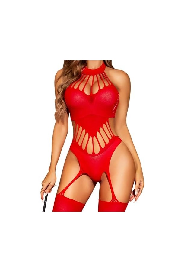 Résille belles filles body Sexy exotique Lingerie une pièce dentelle body bas sans pieds bas de corps Rouge 