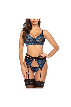 Lingerie Sexy Femme Coquine Hot Ouverte 3 Pieces Dentelle Jarretière Ensemble de Soutien-Gorge et de Culottes Sexy à Bretelle