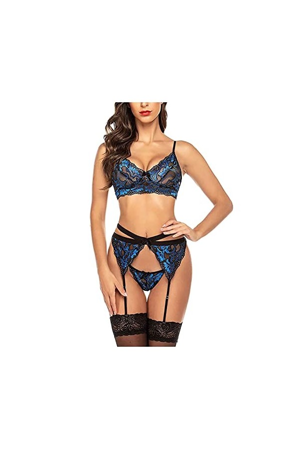 Lingerie Sexy Femme Coquine Hot Ouverte 3 Pieces Dentelle Jarretière Ensemble de Soutien-Gorge et de Culottes Sexy à Bretelle