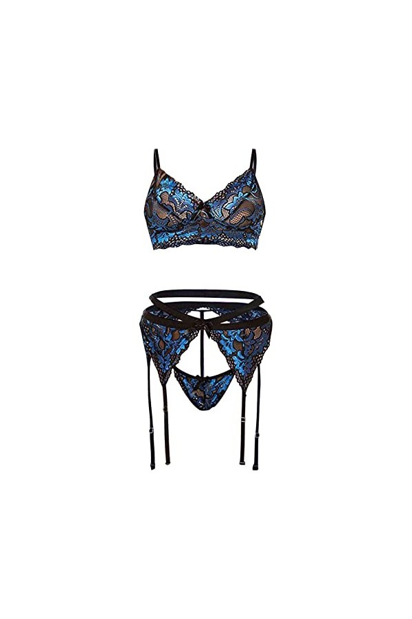 Lingerie Sexy Femme Coquine Hot Ouverte 3 Pieces Dentelle Jarretière Ensemble de Soutien-Gorge et de Culottes Sexy à Bretelle