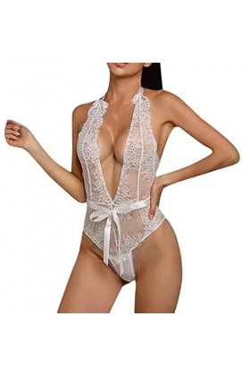 Lingerie sexy pour homme avec col en V profond et tailles au choix de coutures en dentelle, Noir , S