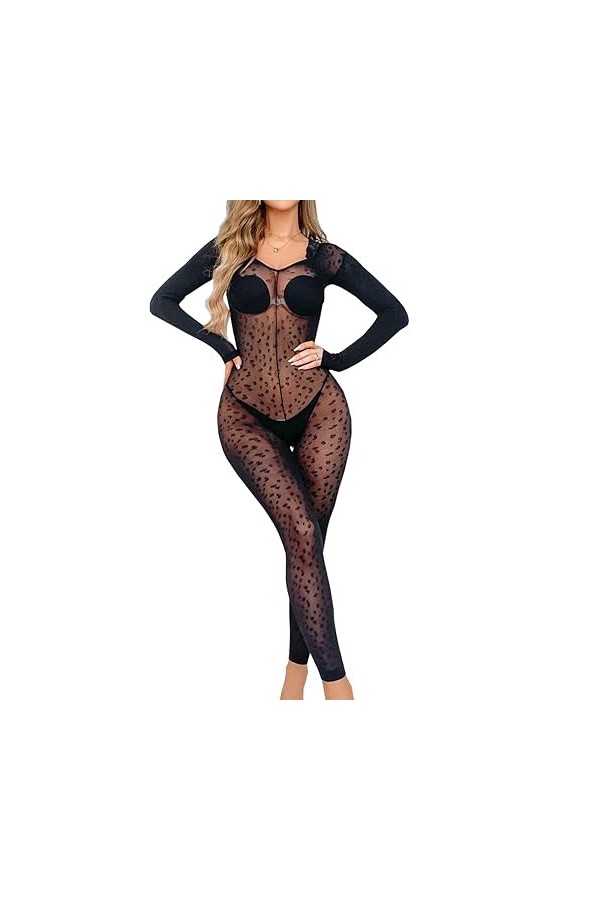 RUIBAVYA Femme Bodystocking Imprimé LéOpard Ouvert Entrejambe Bodystocking Bas Femme Sexy Nylon Collant
