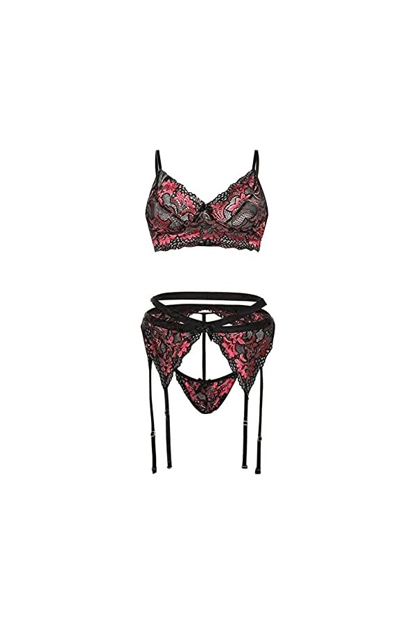 Lingerie Sexy Femme Coquine Hot Ouverte 3 Pieces Dentelle Jarretière Ensemble de Soutien-Gorge et de Culottes Sexy à Bretelle