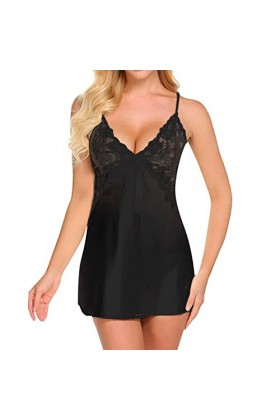Pyjama pour femme - Sous-vêtements sexy - Imitation soie - Costume sexy - Vêtements de maison pour filles, Noir , XXL