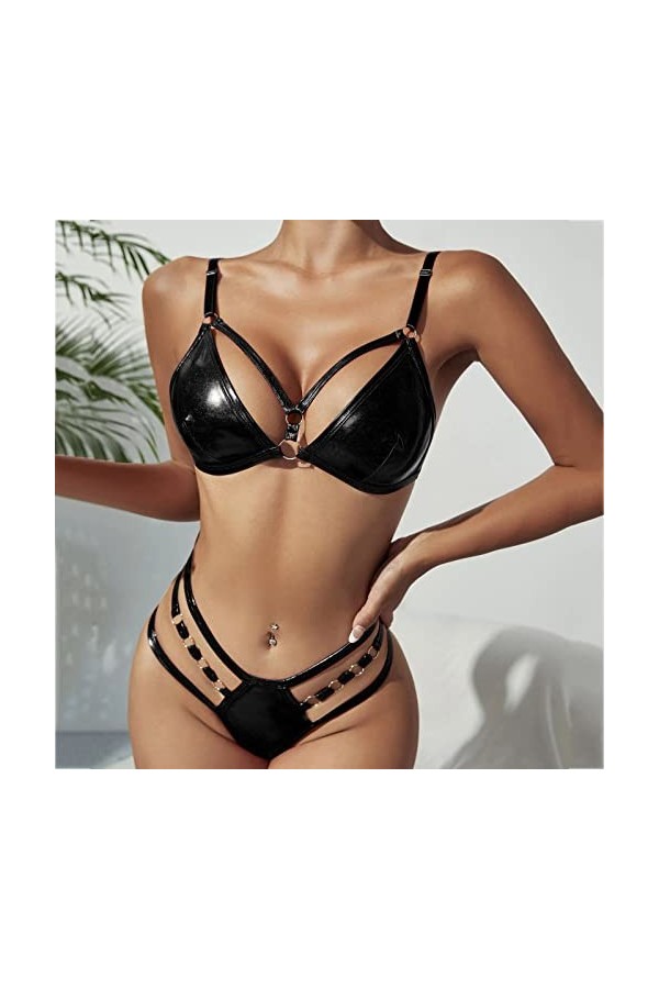 IKFIVQD Lot de 2 lingerie sexy pour femme avec harnais en cuir synthétique, Noir , M