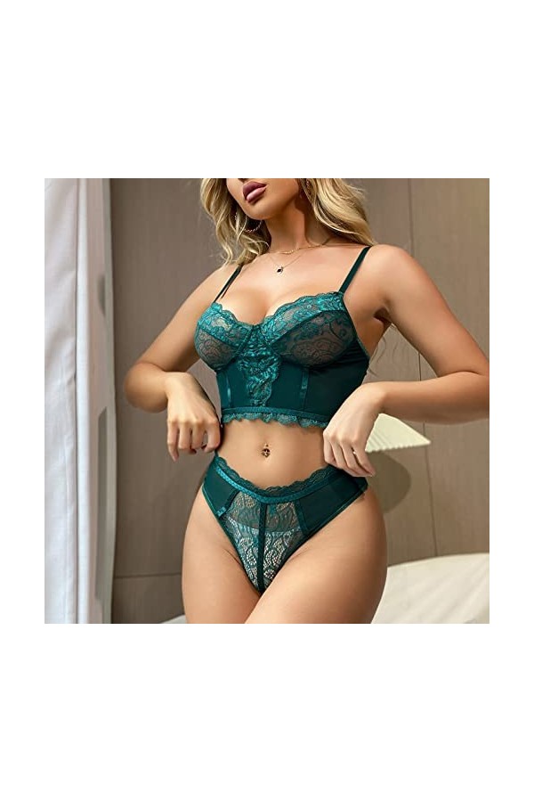 LIBELLEFLY Sous-vêtements fins sexy érotiques pour femme avec coutures en dentelle et maille transparente, Vert, M