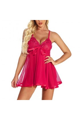 CreoQIJI Robe transparente sexy sexy en dentelle - Taille BogenPlus S-6XL - Pyjama - Lingerie - Cadeau avec nœud, Rose, S