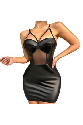 Body RéSille Bodystocking Plus sans Entrejambe Femmes 1PC robe Sexy sans manches fermeture éclair avant en cuir PU serré Sexy