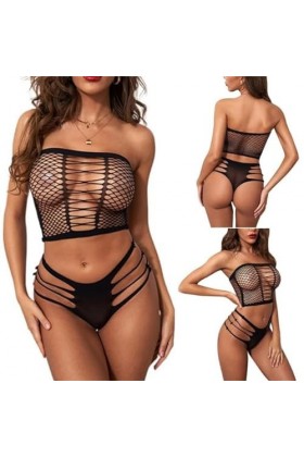 SooYoove. Lingerie Sexy. 2 Pièces. Résille. Extensible. V2. Noir. S à XL