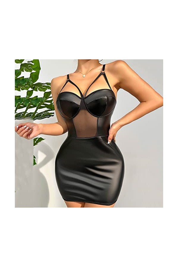 Lingerie Sexy Femme Coquine Hot Grande Taille Femmes 1PC Robe Sexy sans Manches Fermeture éclair Avant en Cuir PU serré Sexy 