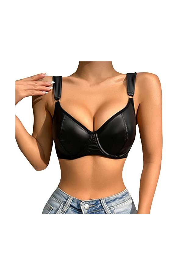 Lingerie en PU pour femme - Boucle - Bretelles - Soutien-gorge - Soutien-gorge push-up - Lingerie - Costume pour femme, Noir 