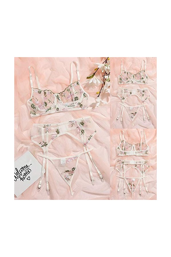 Lingerie Sexy Femme Bra Polyester Flower Broderie Femme Quotidienne Costume Sexy Coquine Hot White, L 