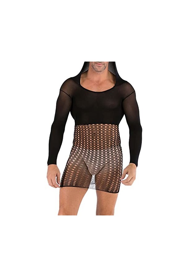 liaddkv Lingerie Homme à Capuche Grande Taille Combinaison Poche Hanche Maille Robe Corset Femme Lacets, Noir , taille unique