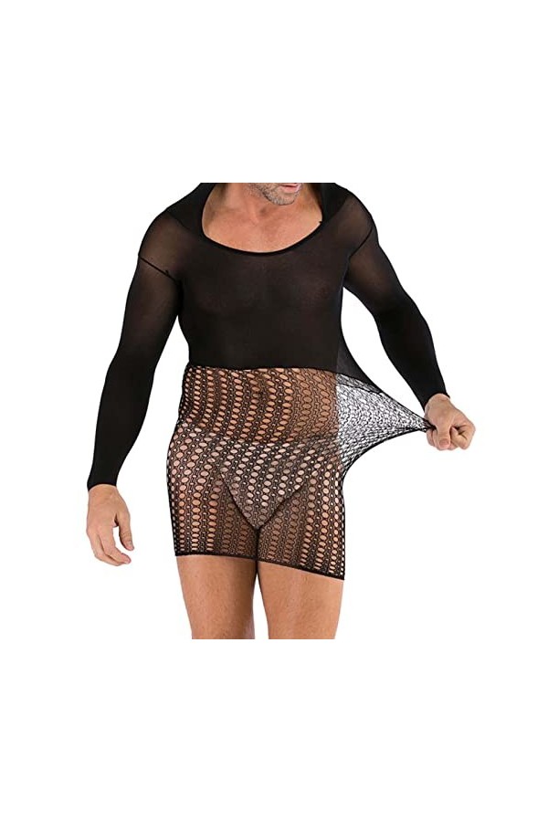 liaddkv Lingerie Homme à Capuche Grande Taille Combinaison Poche Hanche Maille Robe Corset Femme Lacets, Noir , taille unique