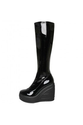 WOkismD 11CM / 4.33IN Bout rond Semelle épaisse Brevet En Cuir Pente Haut Talon Catwalk Bottes Côté Zipper Genou-Haute Bottes