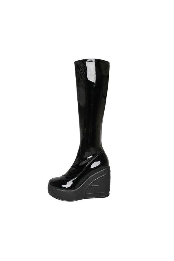 WOkismD 11CM / 4.33IN Bout rond Semelle épaisse Brevet En Cuir Pente Haut Talon Catwalk Bottes Côté Zipper Genou-Haute Bottes