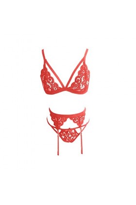 LDadgf Bikini sexy sexy en dentelle à trois points avec jarretière, lingerie quotidienne, rouge, taille L