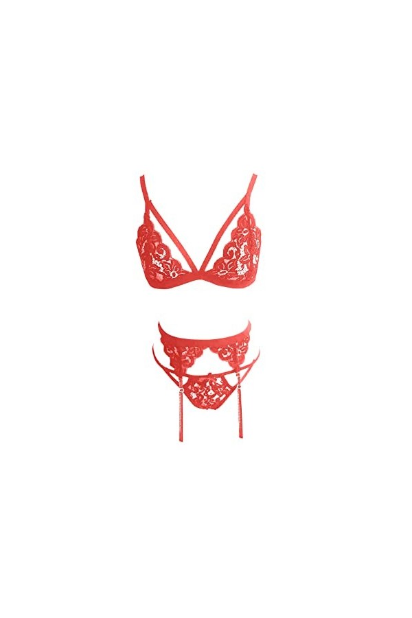 LDadgf Bikini sexy sexy en dentelle à trois points avec jarretière, lingerie quotidienne, rouge, taille L
