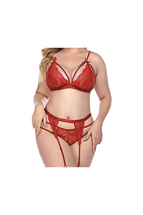 LDadgf Bikini sexy sexy en dentelle à trois points avec jarretière, lingerie quotidienne, rouge, taille L