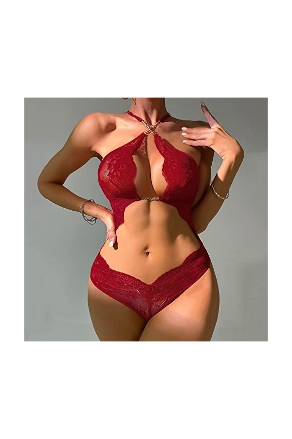 ADMAY 2023 New y/2k Style Lingerie Détails de la chaîne sexy pour femmes Lingerie sexy en dentelle creuse Body Cuir Wine, M 