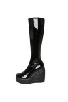 WOkismD 11CM / 4.33IN Bout rond Semelle épaisse Brevet En Cuir Pente Haut Talon Catwalk Bottes Côté Zipper Genou-Haute Bottes