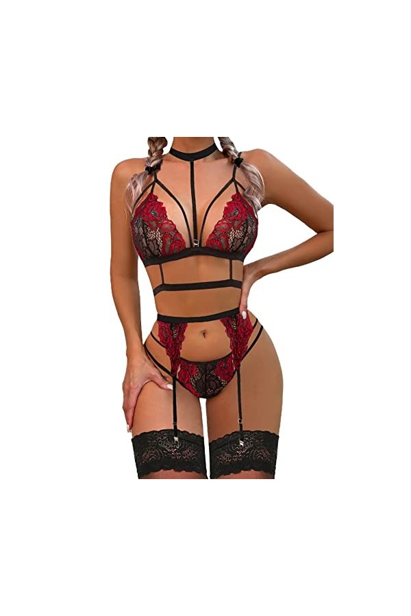 wearella Ensemble de lingerie sexy pour femme avec jarretière avec dentelle ras du cou Sous-vêtements en peluche et soutien-g