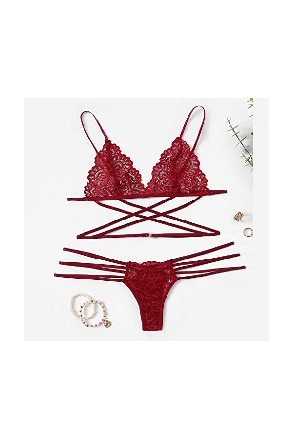 Fulidngzg Sous-vêtement sexy 2 pièces pour femme - Lingerie érotique - Lingerie en dentelle - Dos nu - Grande taille, Rouge 0