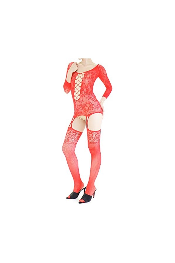 Combinaison Resille Ouverte – Lingerie Ultra Élastique – Rouge – 40-75 kg