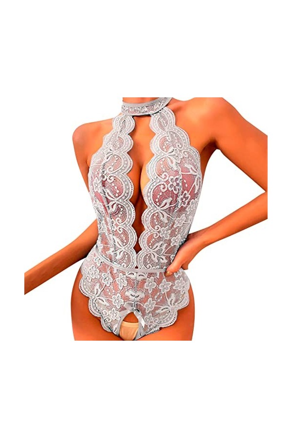 Hasagimol Lingerie Sexy Femme Coquine One-Piece Deep V Dos Nu Réglable Teddy Sous-VêTement Ouvert Dentelle Babydolls Body Com