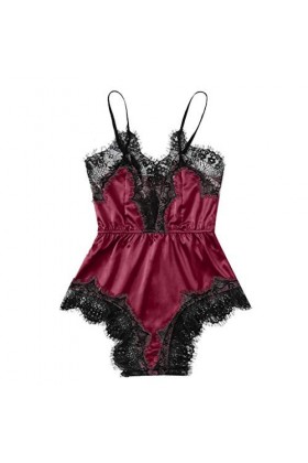 Soutien-gorge sexy en dentelle pour femme Siam sans manches Body Body Costume Babypad Sexy Mini jupe Femme, Bordeaux, XL