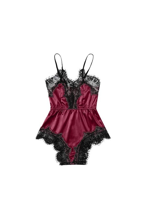Soutien-gorge sexy en dentelle pour femme Siam sans manches Body Body Costume Babypad Sexy Mini jupe Femme, Bordeaux, XL