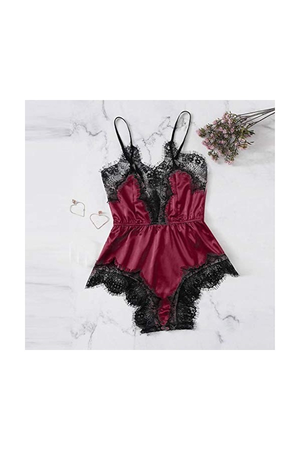 Soutien-gorge sexy en dentelle pour femme Siam sans manches Body Body Costume Babypad Sexy Mini jupe Femme, Bordeaux, XL