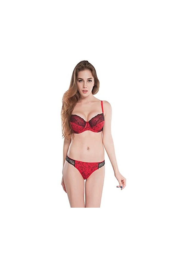 Ensemble de sous-vêtements sexy en velours pour femme, pyjama en dentelle, Z0a-rouge, 110D