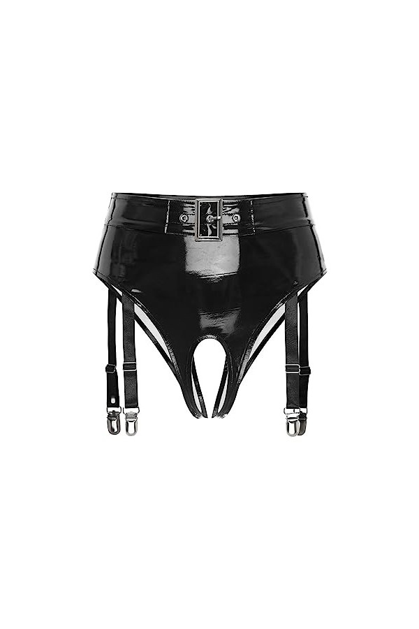 Freebily Femme Bas Porte-Jarretelle G-String Culotte Transparent Dentelle Simili Cuir Brillant Jarretière Ajustable Bas Linge