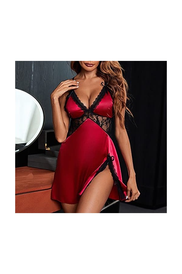 Lingerie Erothique Sexy, Femme Pyjama Chemise De Nuit Sexy À Encolure Ensemble Basse Couleur Unie avec Dentelle Lingerie Ense
