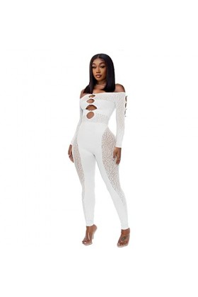 Pk1237 Combinaison sexy à manches longues avec épaules dénudées en maille Motif léopard Transparent Taille 38, blanc, 38