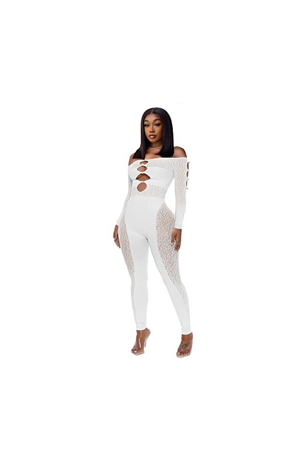 Pk1237 Combinaison sexy à manches longues avec épaules dénudées en maille Motif léopard Transparent Taille 38, blanc, 38