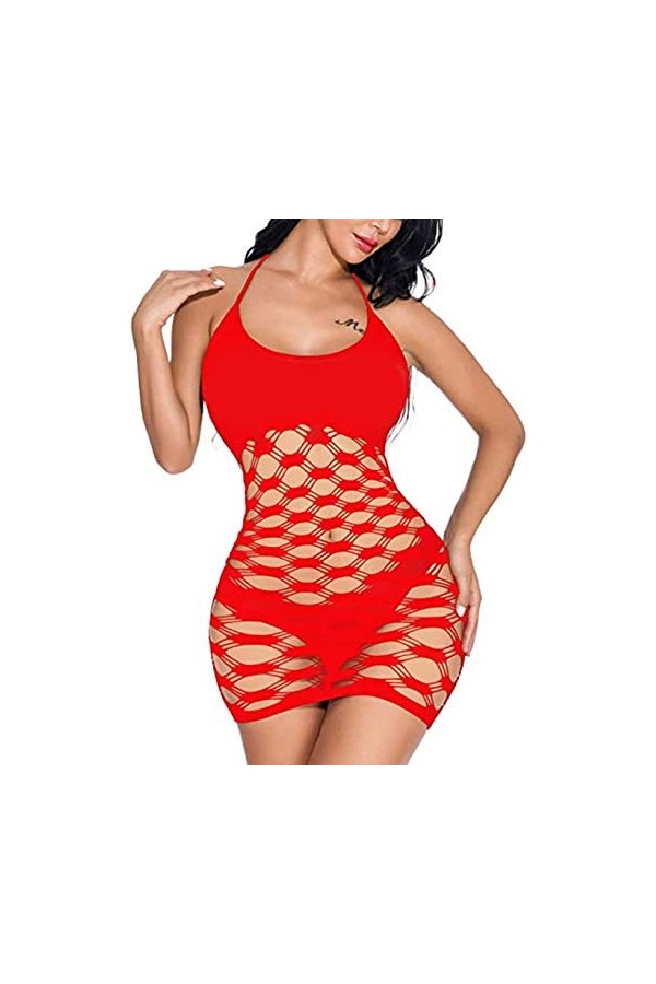 Robe nuisette en résille pour femme - Lingerie - Mini robe extensible, rose, taille unique