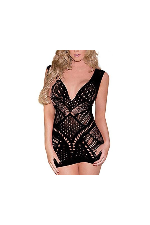 Robe nuisette en résille pour femme - Lingerie - Mini robe extensible, rose, taille unique