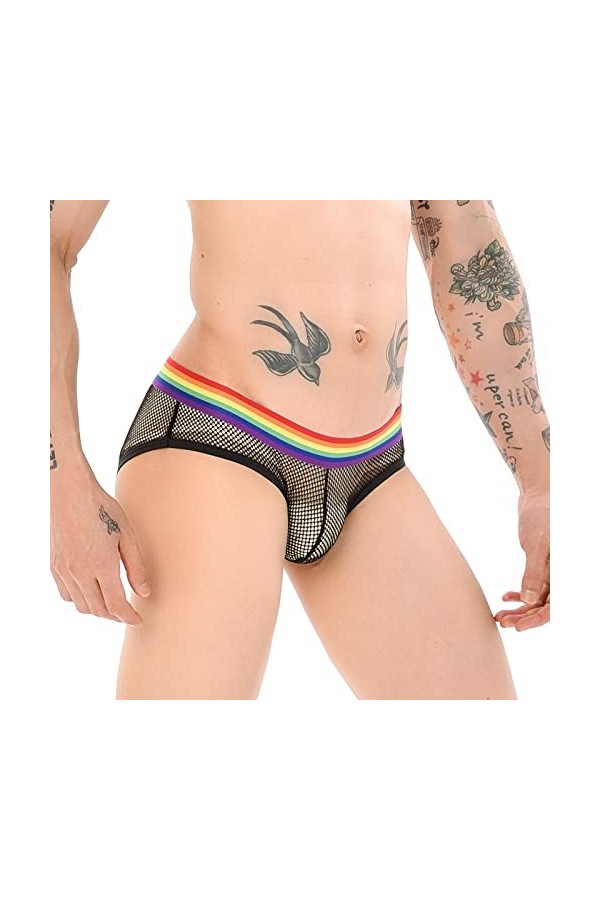String Homme Sexy Hot Dentelle Slips Boxer Slips pour hommes Culottes à grille sexy pour hommes Slips de ceinture arc-en- Sou