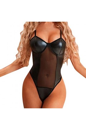 ADMAY 2023 New y/2/k Style Lingerie Ladies Black Mesh Leather Splicing Ladies Sexy Chemise de Nuit Sexy Transparente Combi Cu