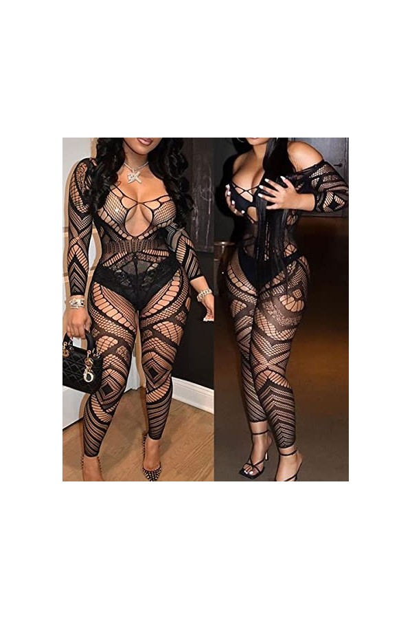 Buitifo Femmes Bas de Lingerie Bodystocking Fishnet Bodys Sexy Nuisettes Black TDZJ